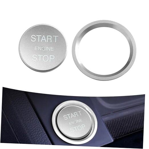 Car Button Decoration, Engine Button Starter Cover, Ignition Ring 2 PCS Silver