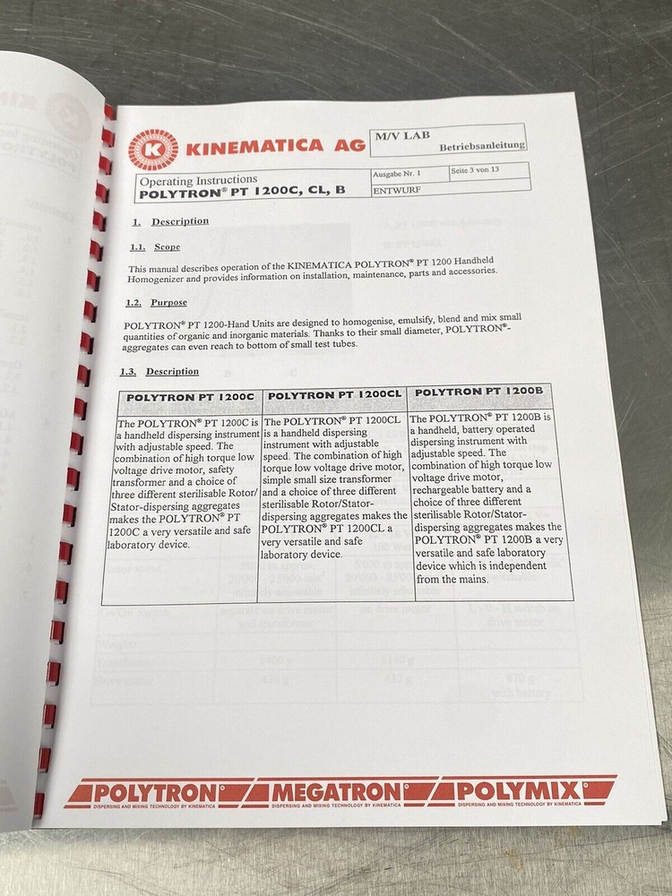 Kinematica AG Polytron PT 1200 - Users Manual/Instructions Book