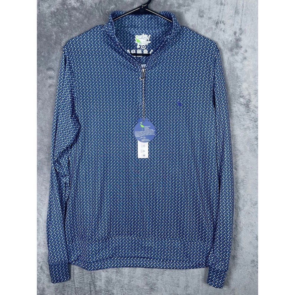 NWT TailorByrd Mens Medium Performance Quarter Zip Pullover Blue Golf Tee Print