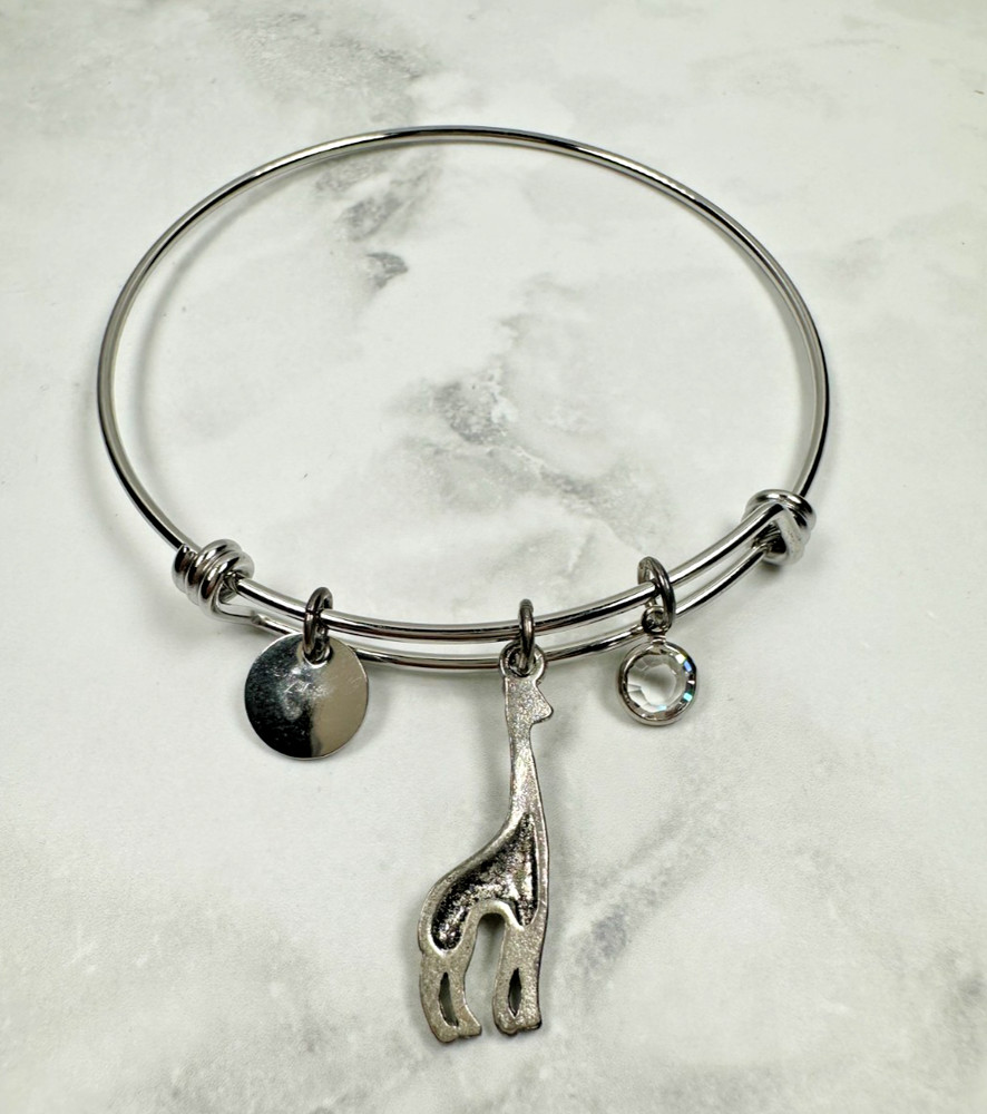 Silver Tone Adjustable Bangle Bracelet with Giraffe & "W" Dangles - 6.5"