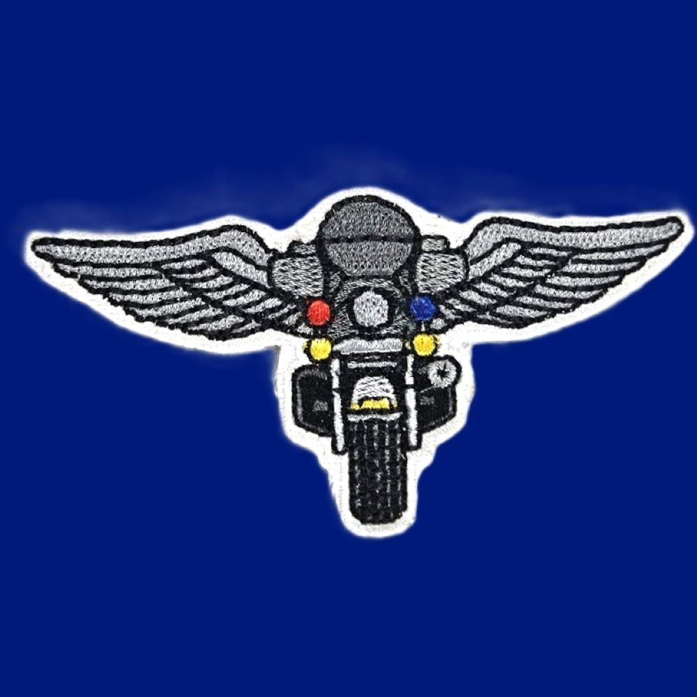 MOTORCYCLE HD WING PATCH:  3" Embroidered Patch, Item #2005 White-Silver