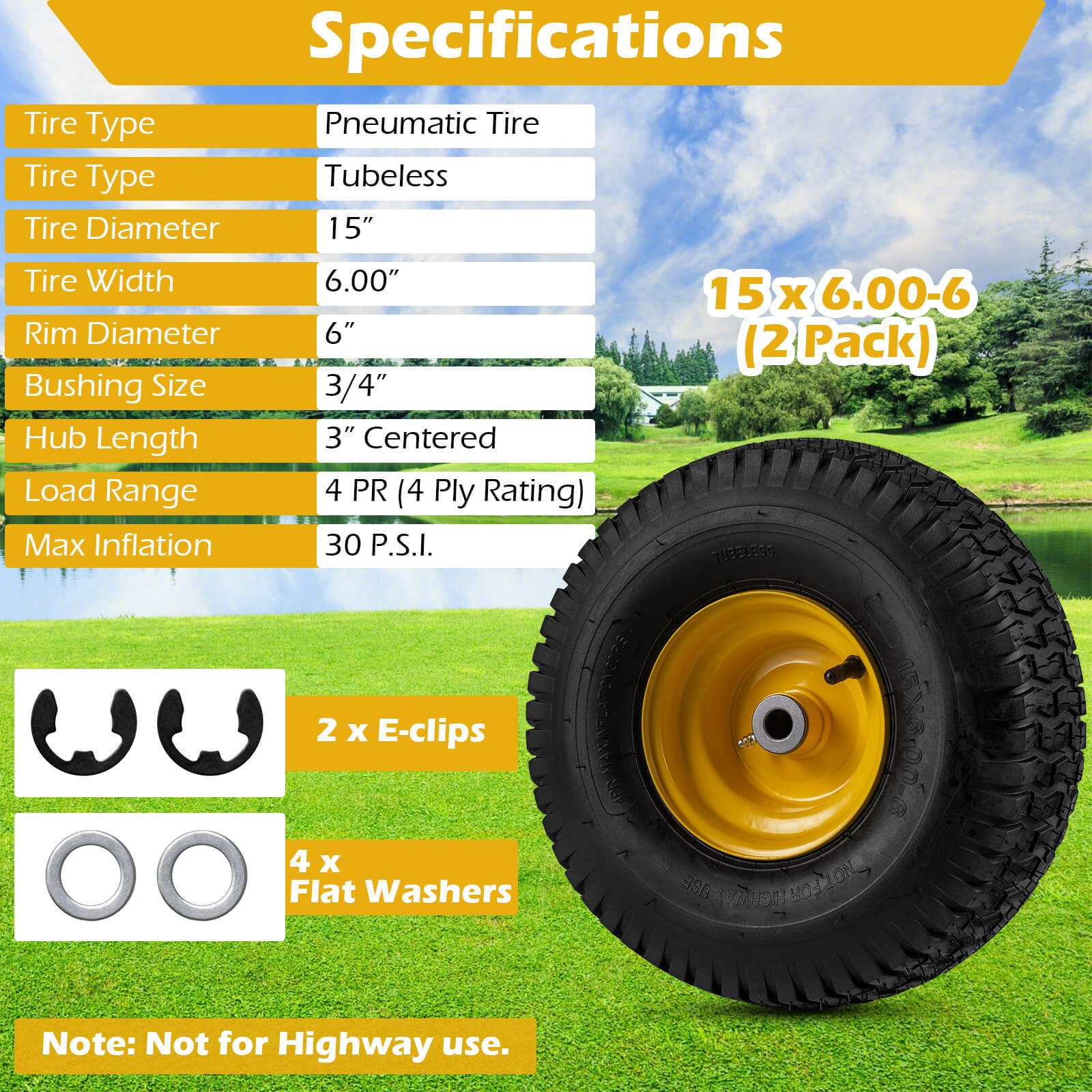 15x6.00-6Tubeless Tires&Wheels(2 Pack),4 PR/Ply Pneumatic Tires w/3"Centered Hub