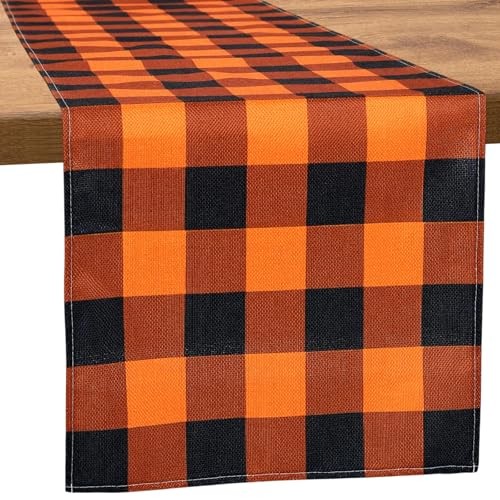 Fall Checkered Table Runner, Halloween Buffalo Plaid Table Runner, 13 x 72