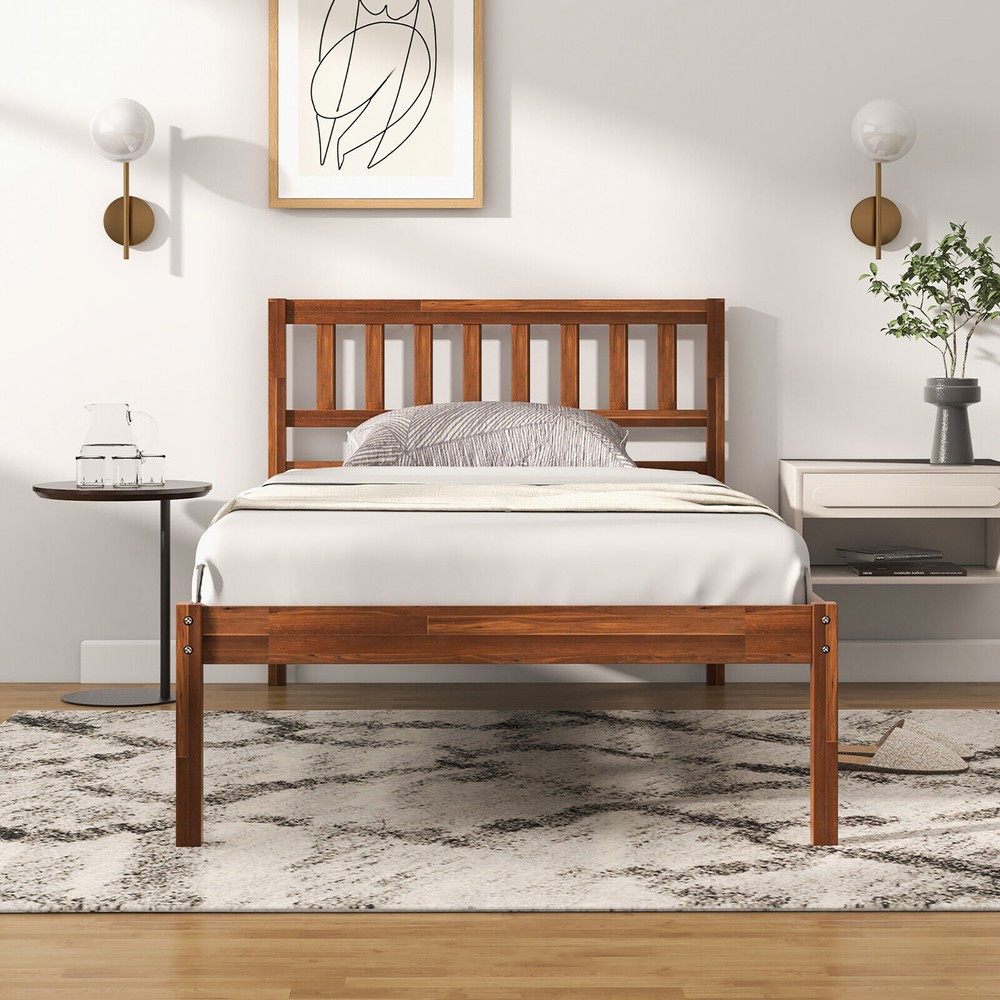 Twin Platform Bed with Headboard Solid Wood Leg Mattress Foundation Walnut