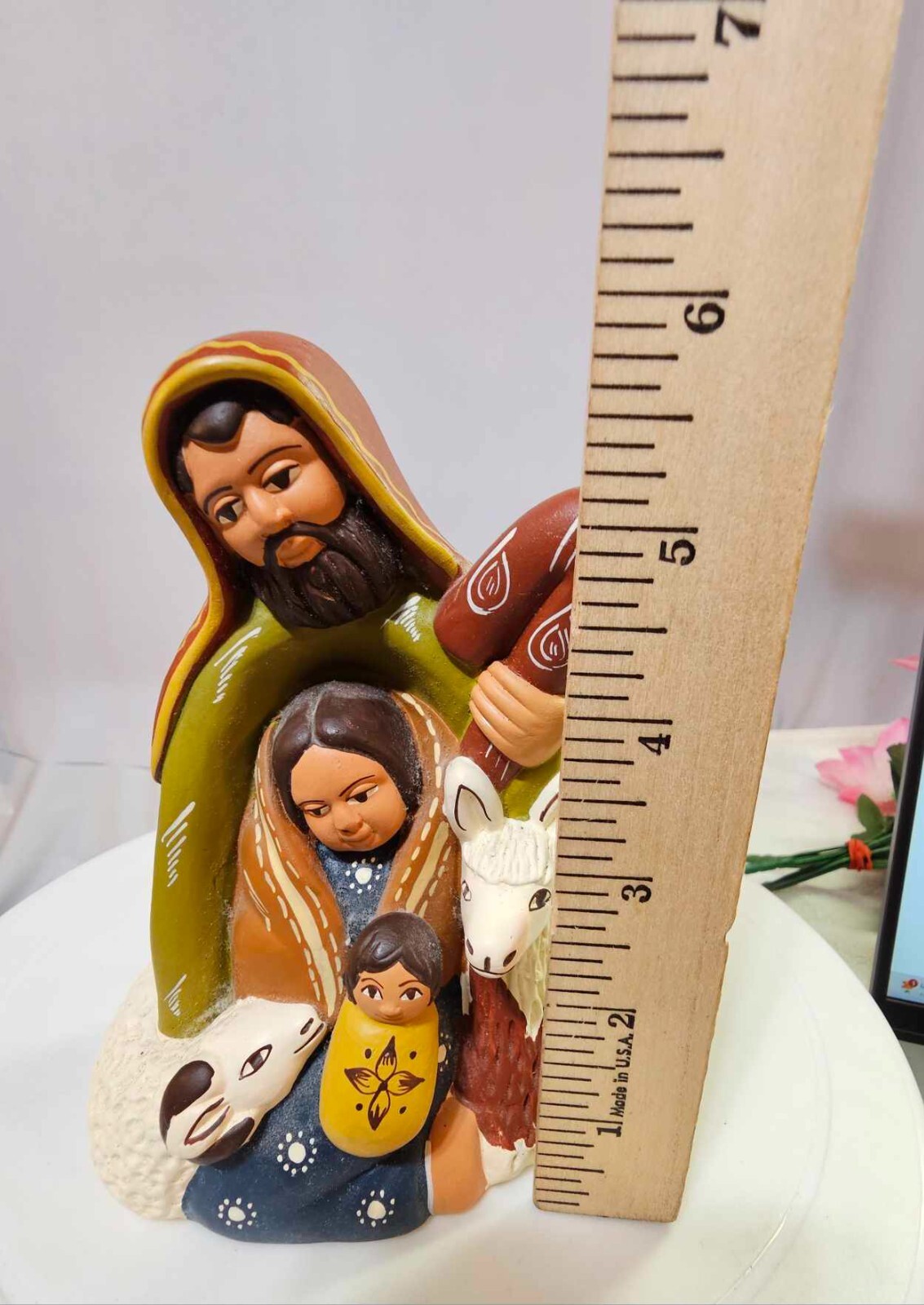 Peruvian Clay terracotta Pottery Family Nativity Scene Figurine w Lama Animal-G3