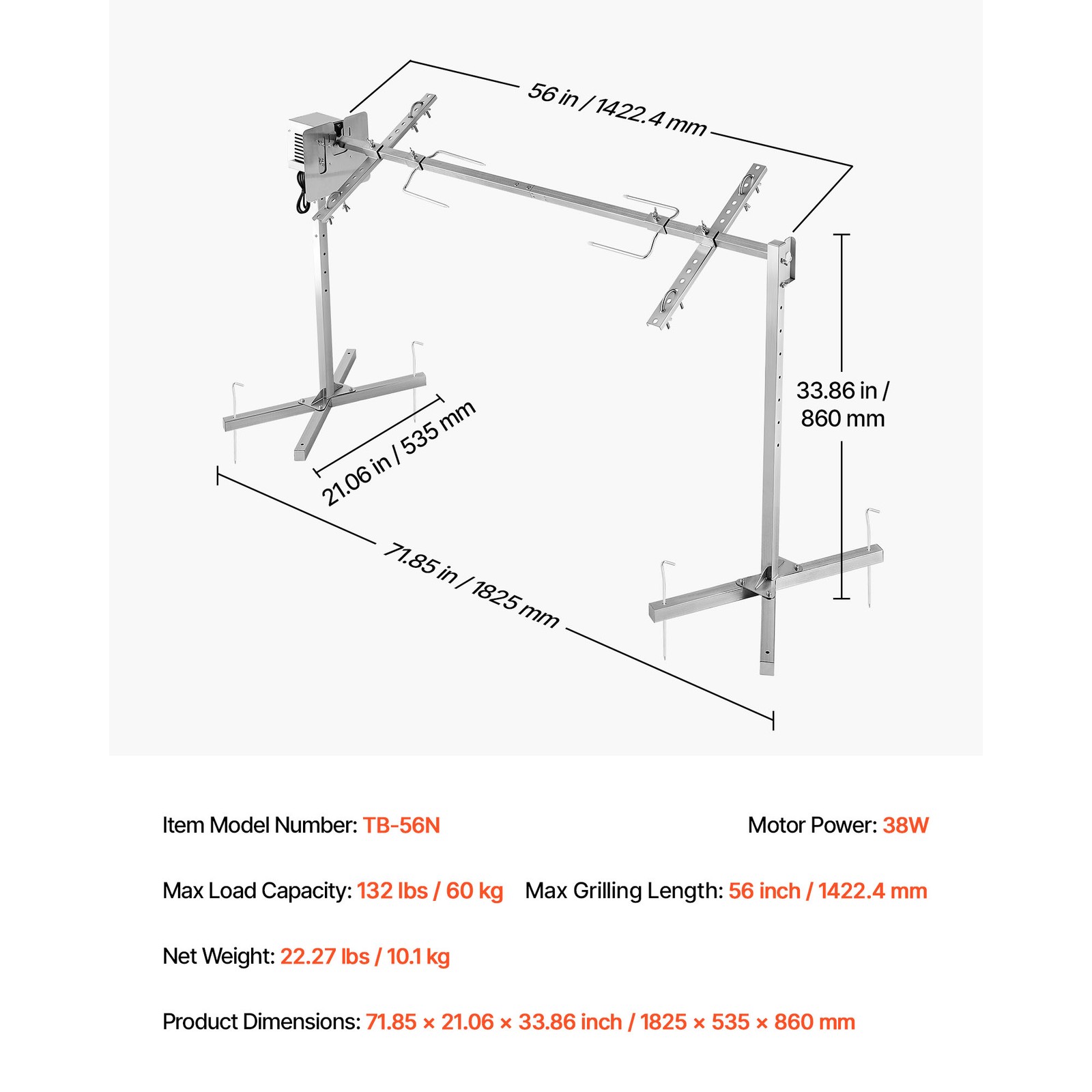 56" Electric BBQ Rotisserie Grill Kit 132lbs Adjustable 8-Level Height AC120V