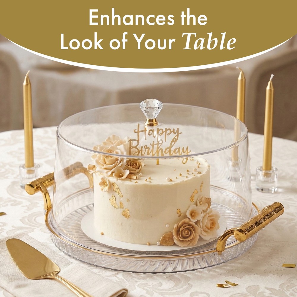 New Basicwise Plastic Cake Stand with Clear Flat-Top Cover and Gold Handles