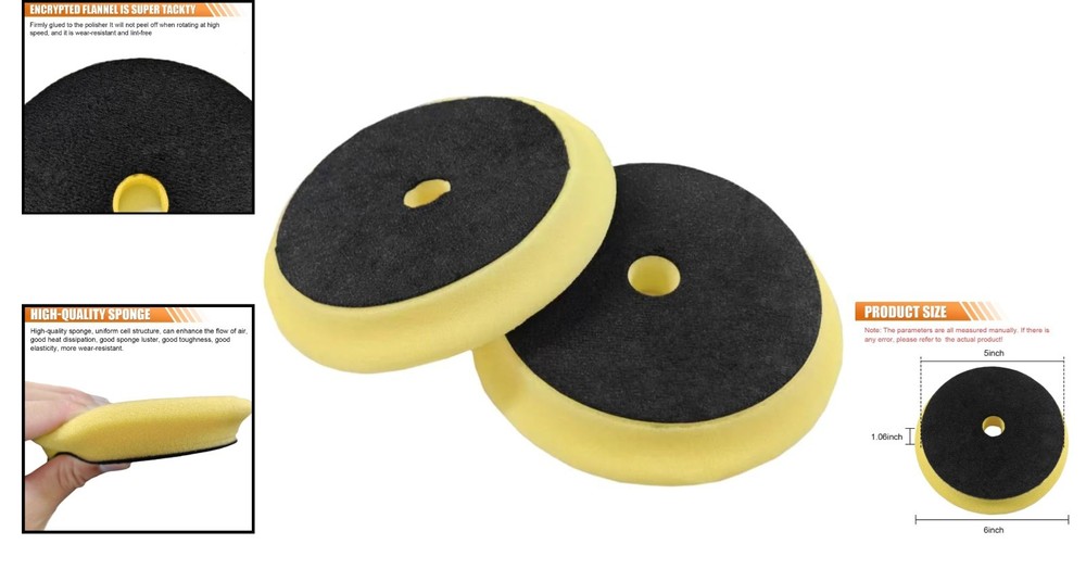 Durable 2PCS Foam Buffing Pads, 6'' Hook and Loop for Car Compounding & Waxing