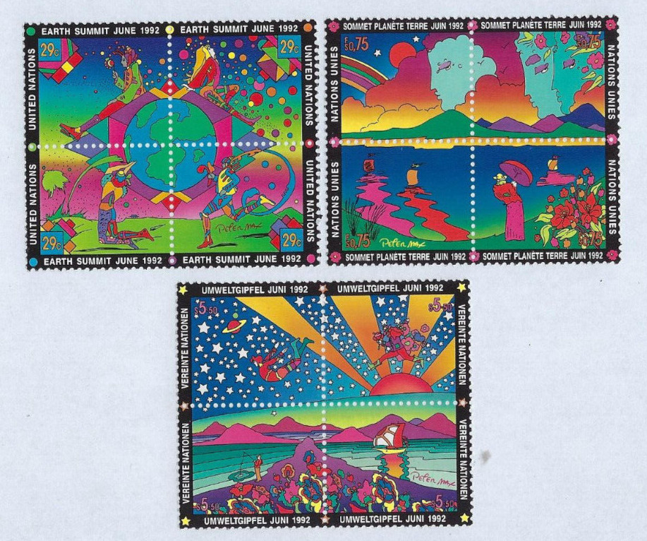UN Peter Max 1992 Earth Summit Blocks-All 3 Offices-Mint, NH