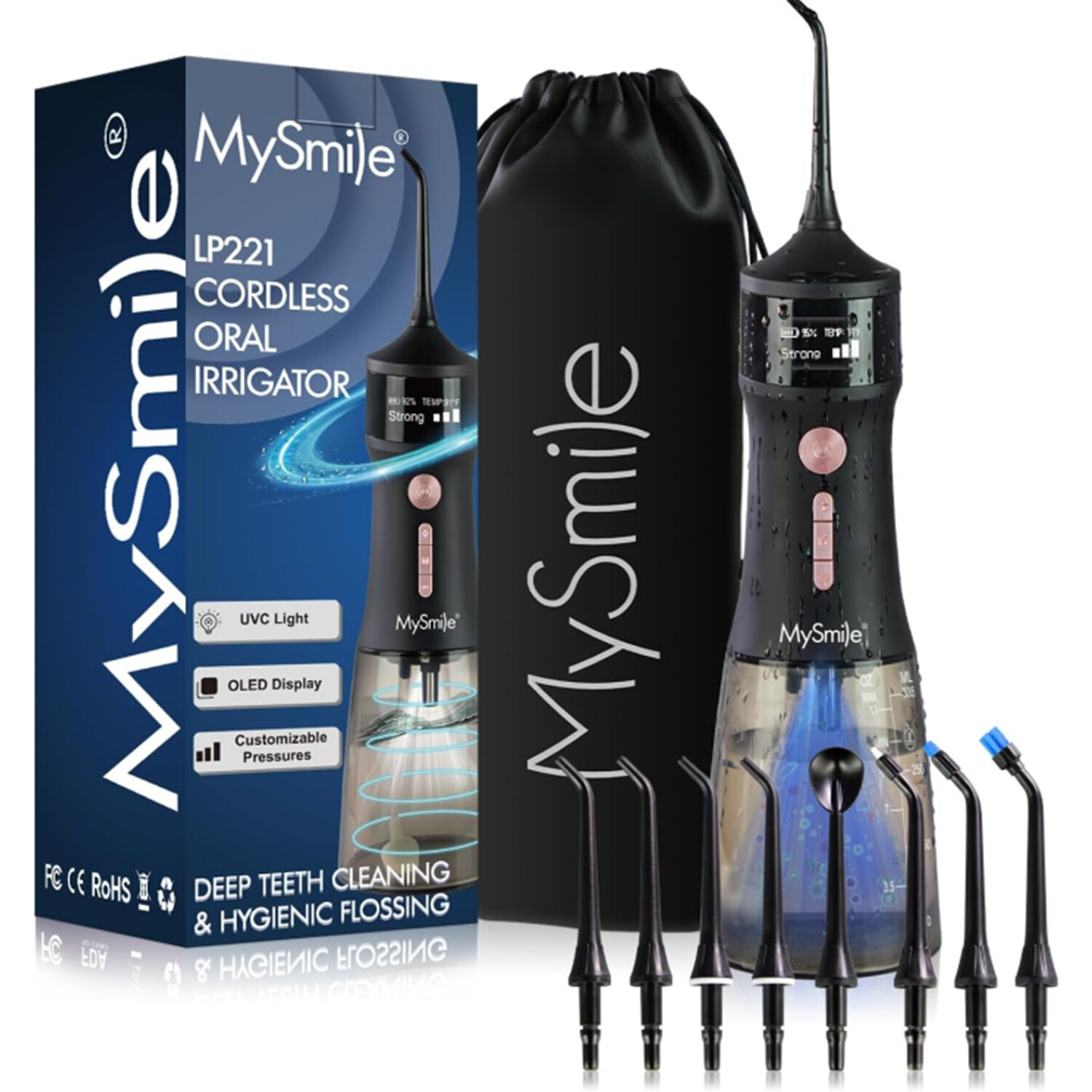 MySmile LP221 Cordless Oral Irrigator Water Flosser with UVC Sterilizable Black