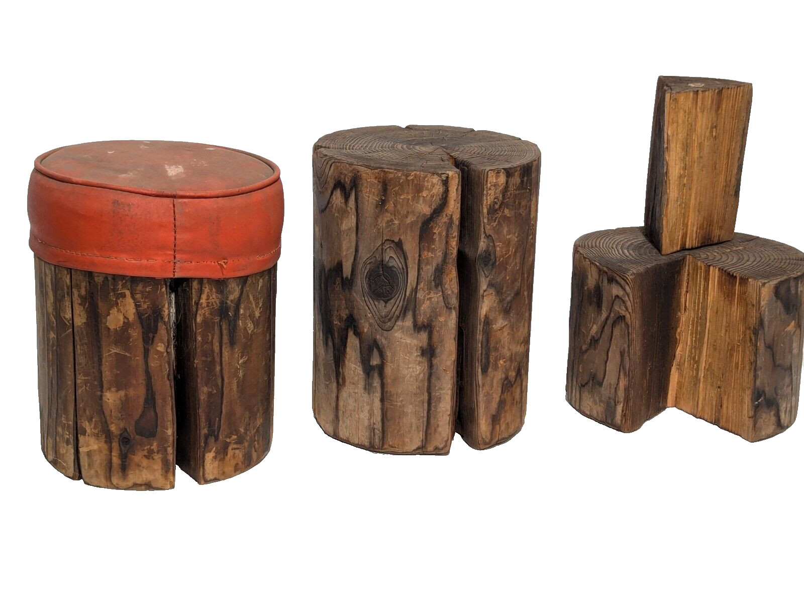 3 Piece Rustic Log Stools  Tables, Beautifully Weathered