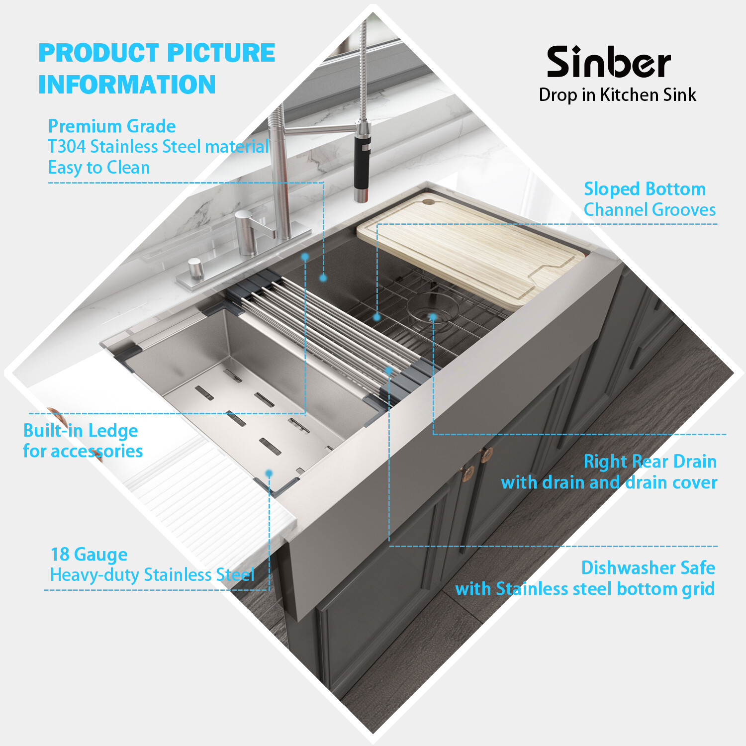 Sinber 36'' Farmhouse Apron Single Bowl Workstation Kitchen Sink KSS0006S-OLE