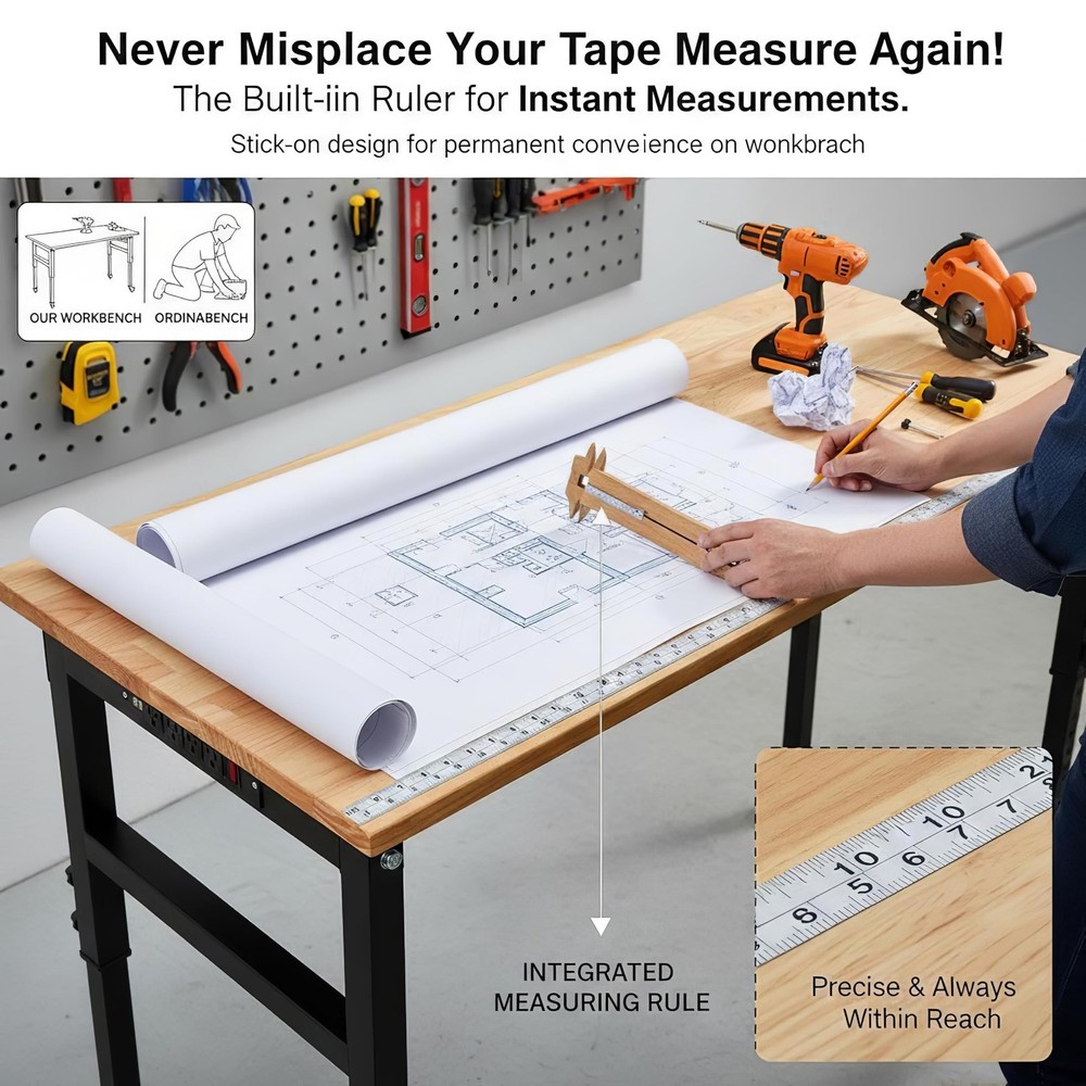 60" Adjustable Workbench w/ Drawer, Work Table w/ Power Outlet for Garage Office