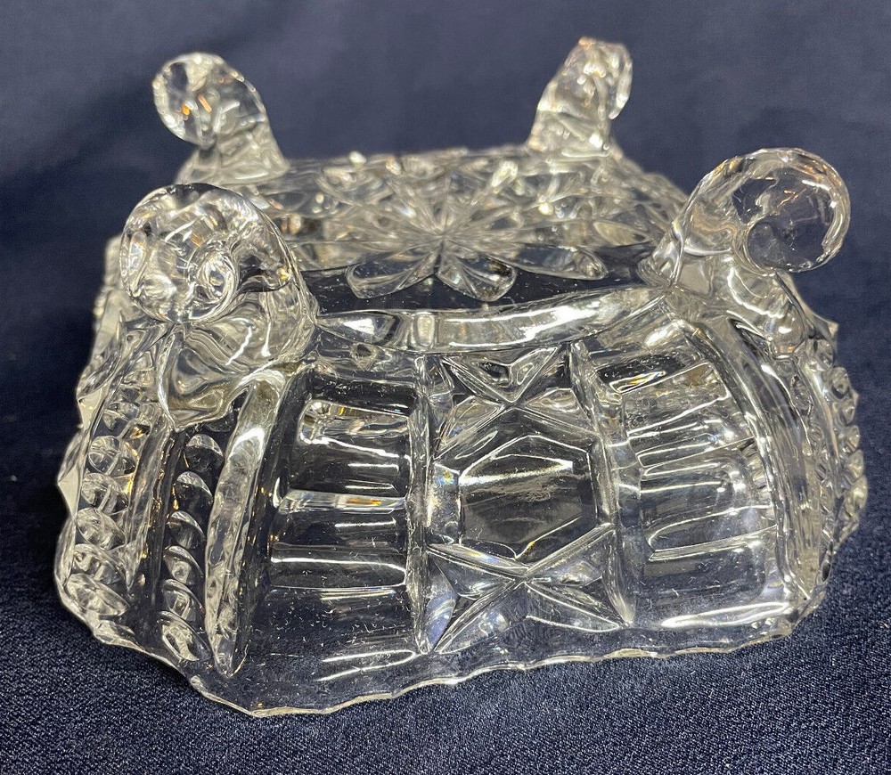 Clear Pressed Cut Glass Four Footed 5 3/8" Candy Dish
