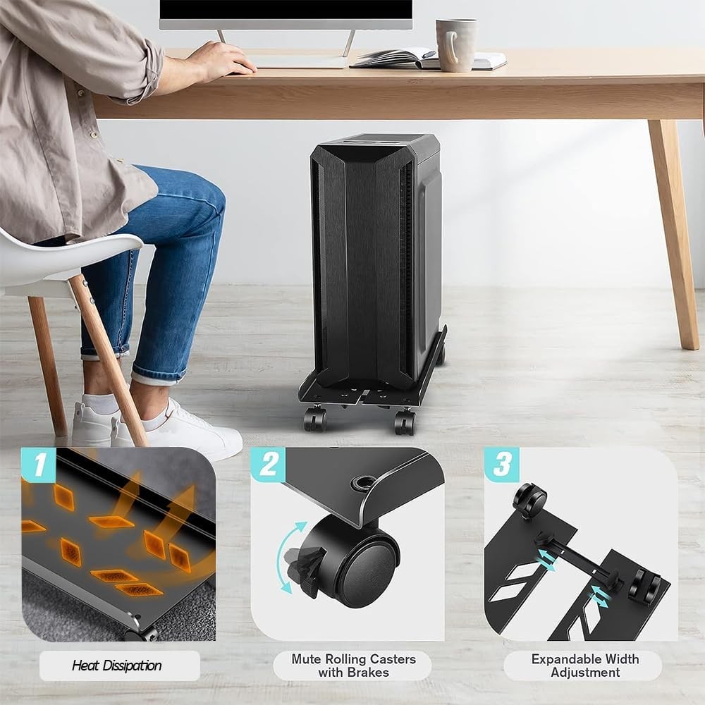 Adjustable Mobile CPU Stand, Ventilated Computer Tower Stand PC Black