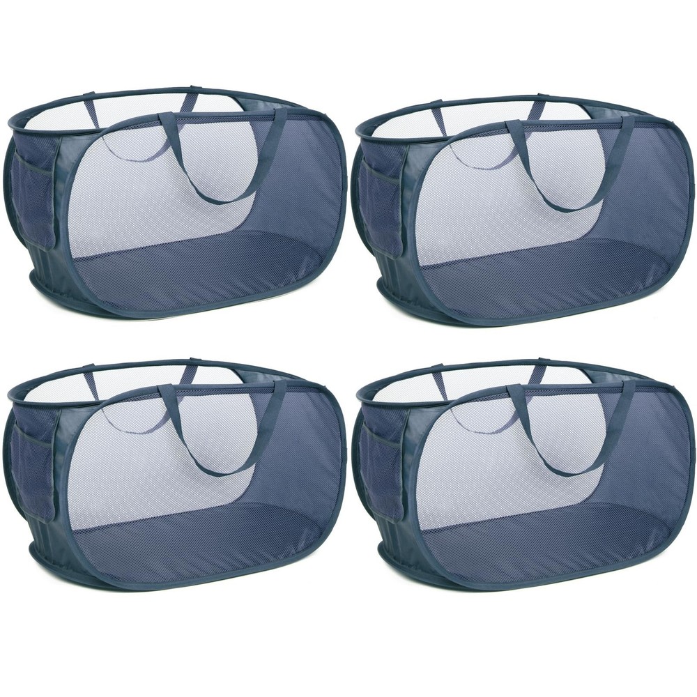 Collapsible Laundry Baskets 4 Pack Navy Foldable Pop Up Hampers with Pocket