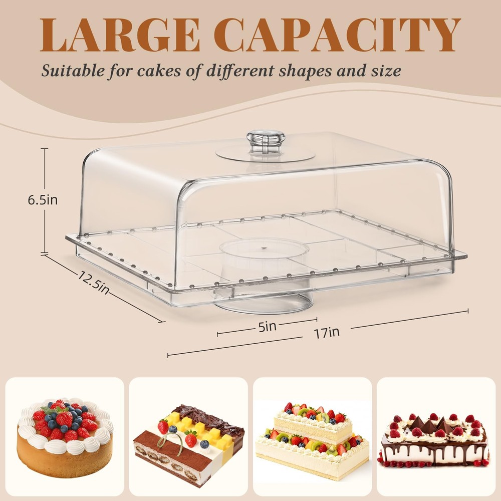 Cake Stand with Lid-Extra Large 17" Rectangular Cake Holder,8-in-1 Multi-Func...
