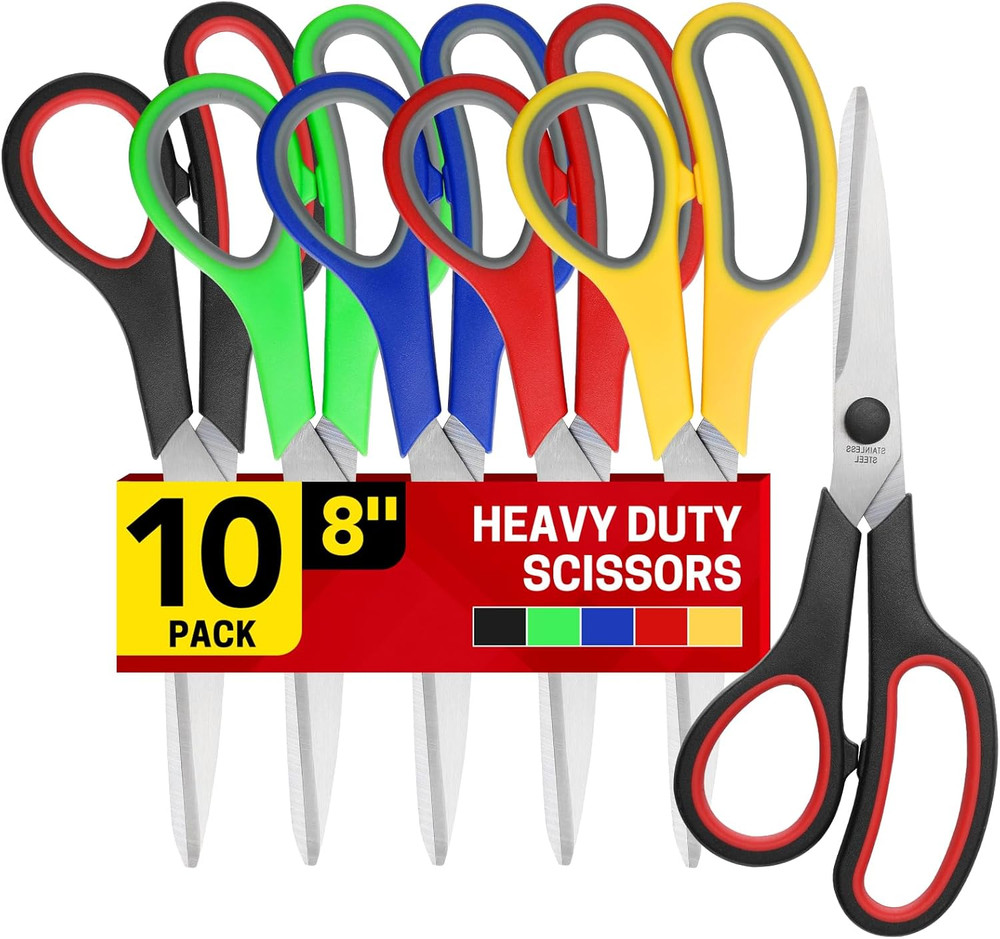 8" 10 Pack All Purpose Heavy Duty Scissors- Comfort-Grip Sharp Scissors for Offi
