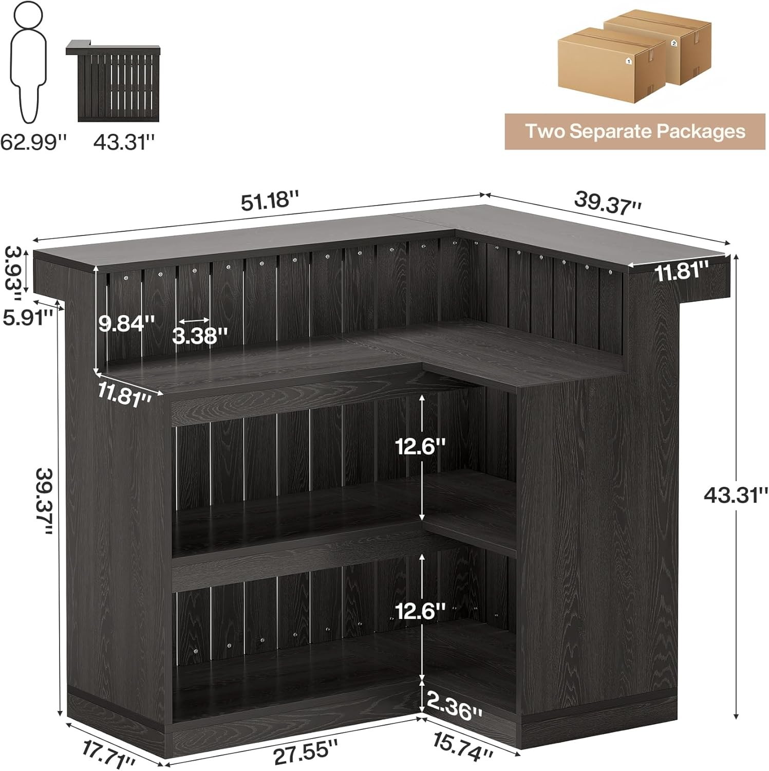 L-Shaped Home Bar Unit, 4-Tier Corner Liquor Bar Table with Storage Shelves