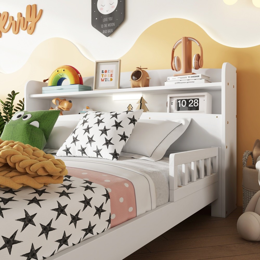 Full Size Bed Frame Wood Platform Bed Frame with Storage Headboard & LED Light