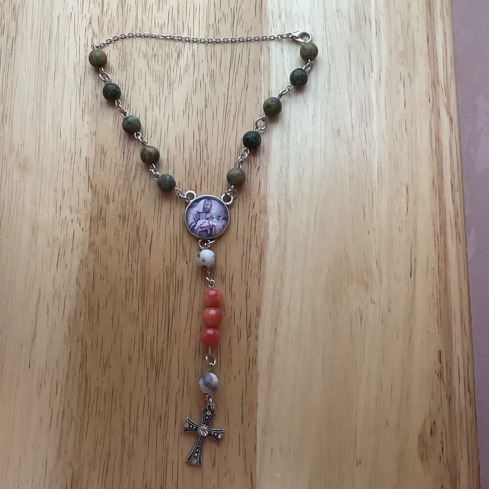 Car Rosary, Rearview Mirror Hanging Accessory, Handmade, Green & Red Stone Beads