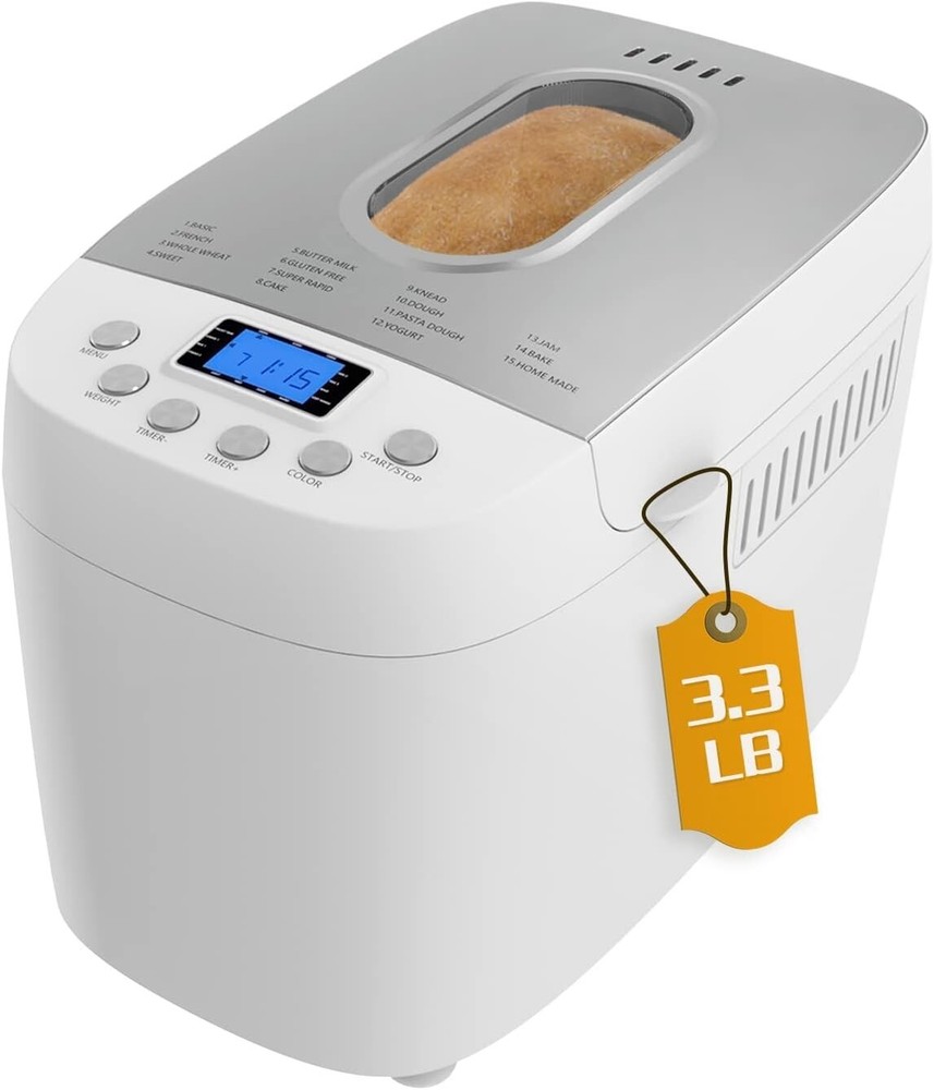 Davivy 3.3LBS 15-in-1 Bread Maker Automatic Compact Dough Machine Nonstick White