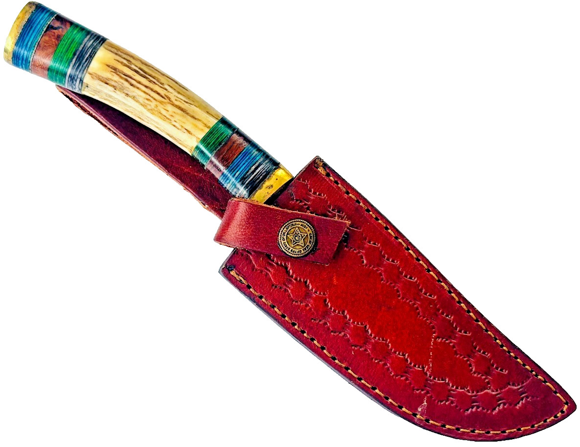 Vintage Stag Handle Fixed Blade Knife Damascus Blade Knives & Leather Sheath