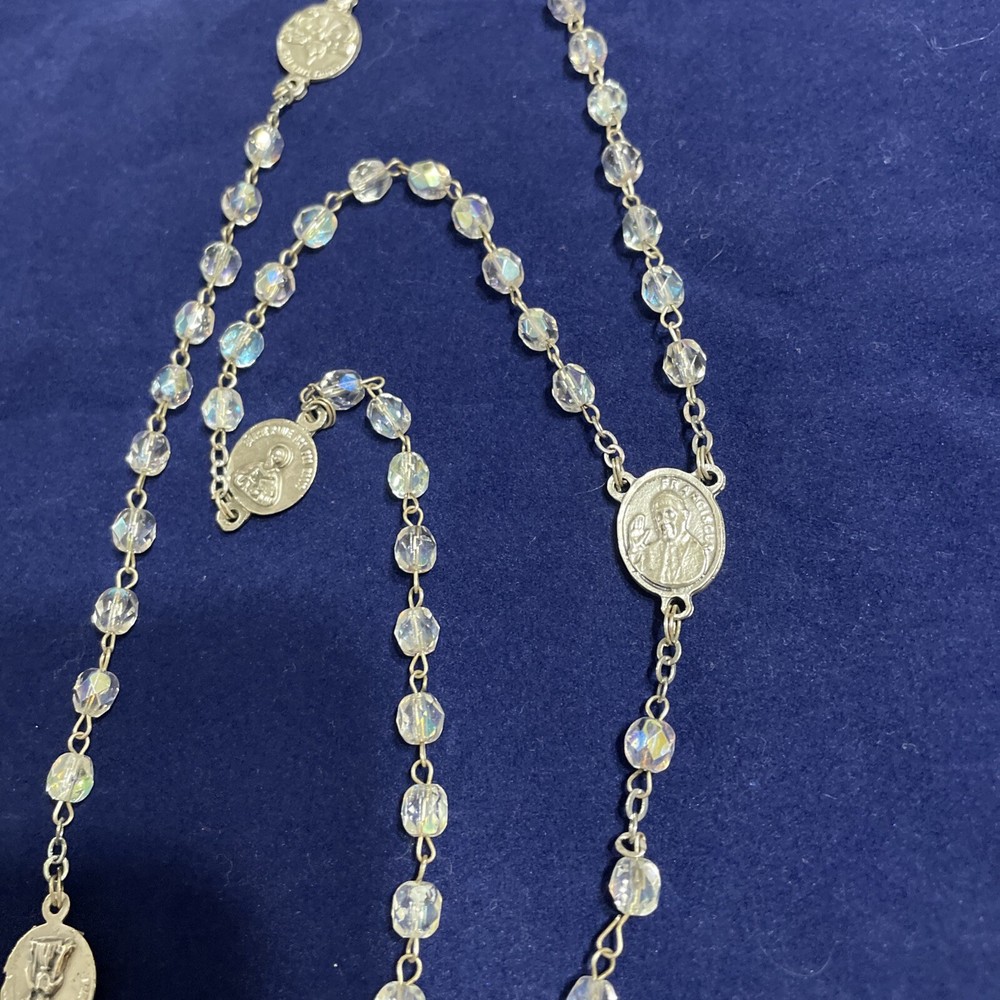 Crucifix Bead Necklace 20" Long Silver Tone w/Light Blue Beads