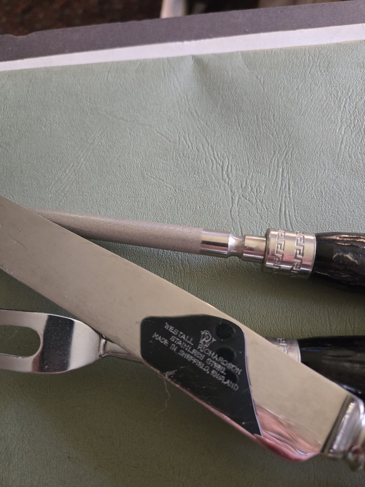 Vintage BAKELITE Handle Carving Set Fork, Knife, Sharpener Westall/Richardson