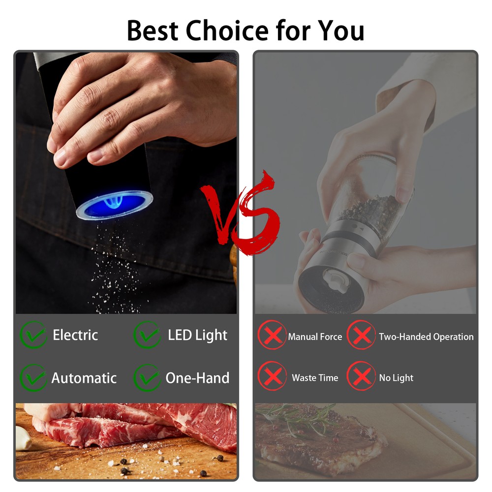 2 Pack Gravity Electric Salt and Pepper Grinder Mill Shaker Adjustable Automatic