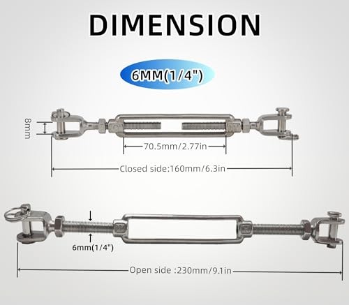 4-PCS 1/4"Jaw & Jaw Turnbuckle Hook,304 Stainless Steel M6 Open 1/4" （M6）-4PCS