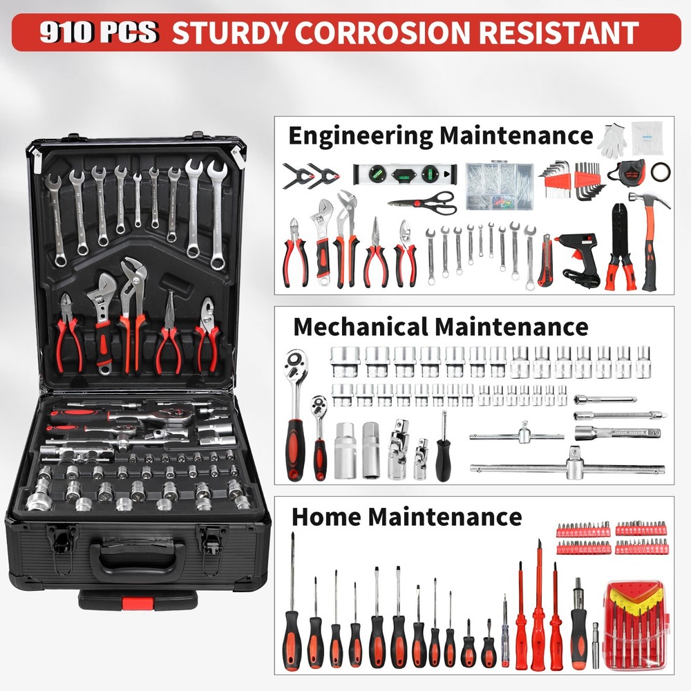 910-Pc Pro Tool Set w/4-Drawer Rolling Case - Complete Home & Auto Kit, Black