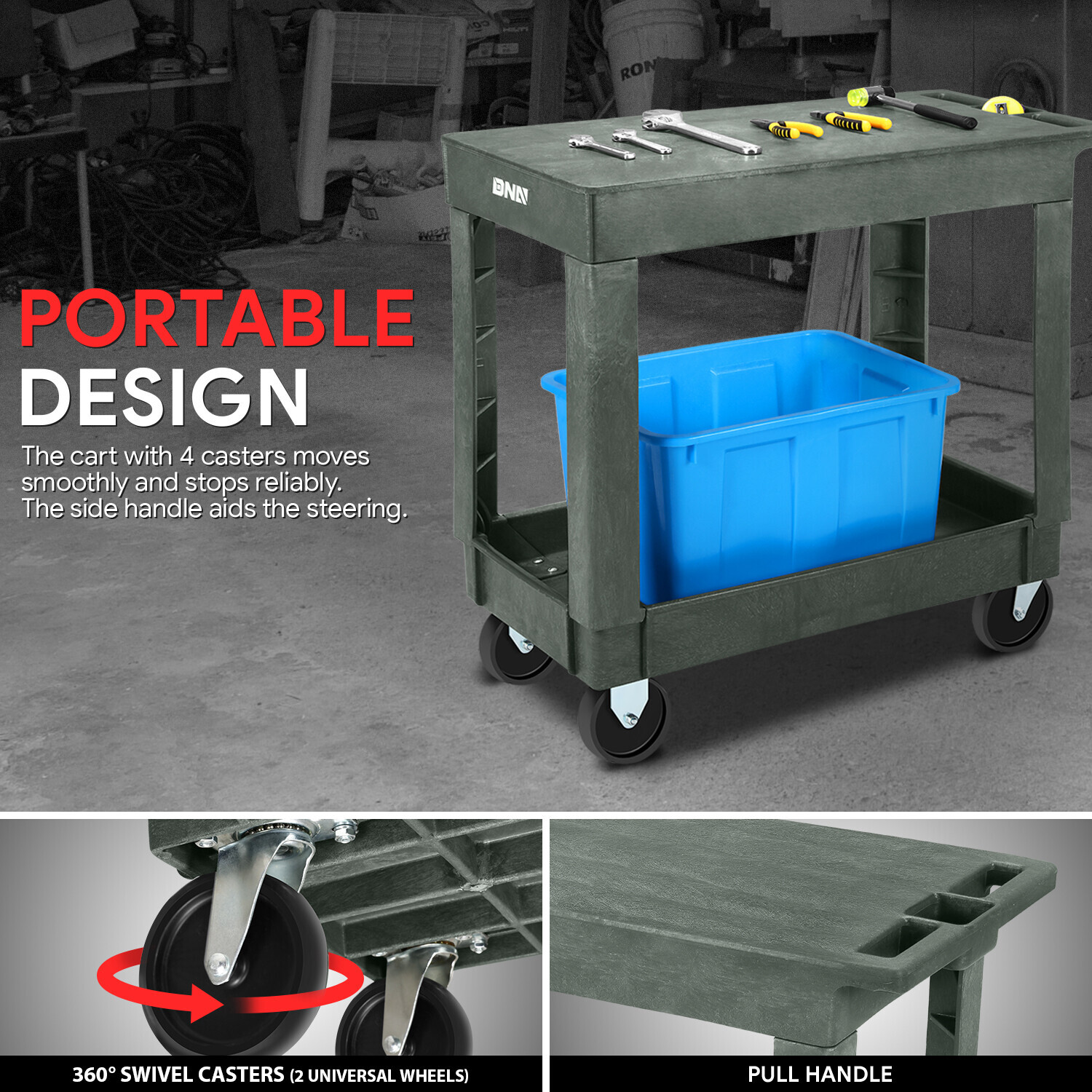 2-Shelf PP Warehouse Garage Office Small Flat Top Rolling Service Utility Cart