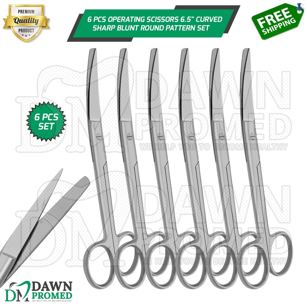 6 Pcs Operating Scissors 6.5" Curved Sharp Blunt Round Pattern Surgical Set