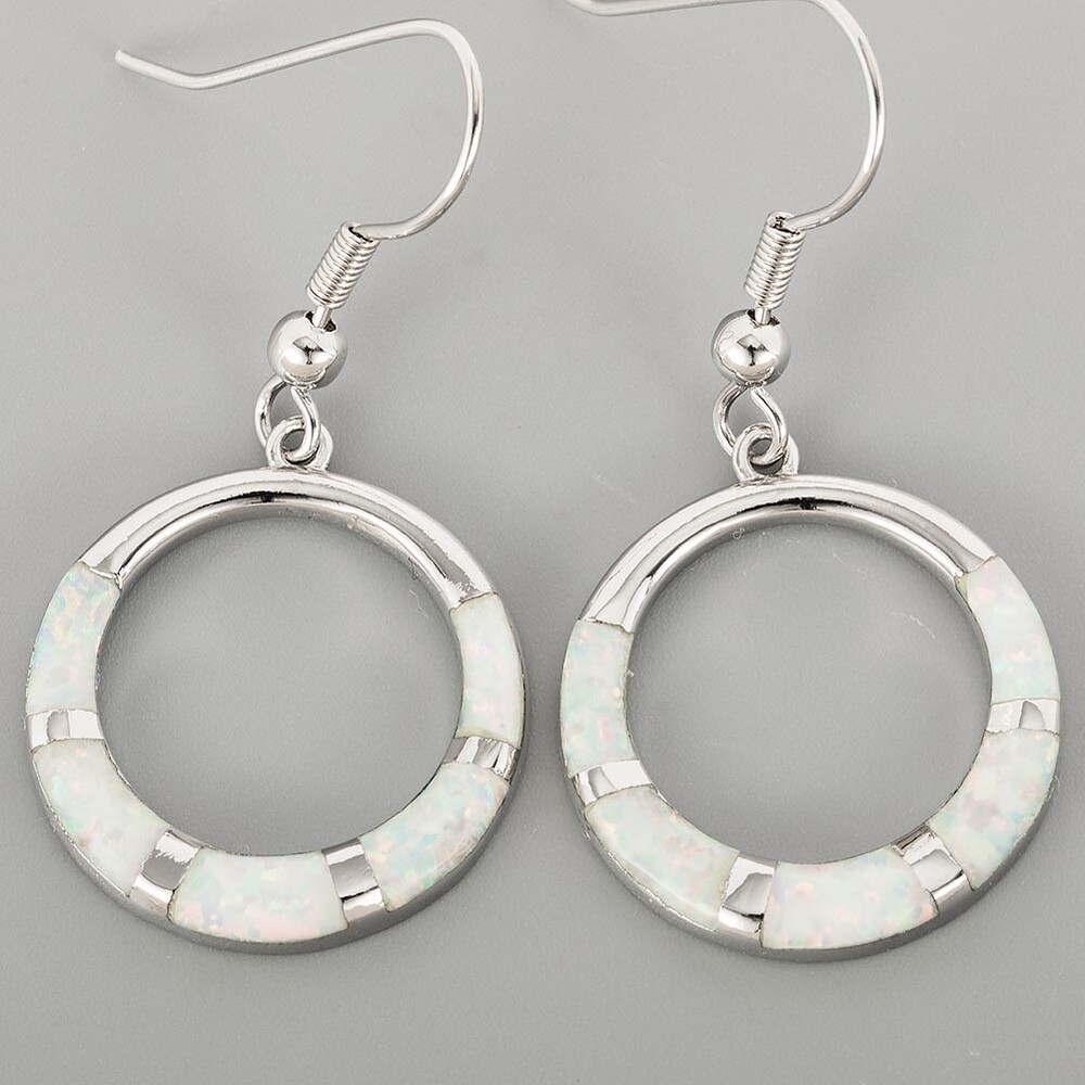 Circular Ring Shape White Fire Opal Silver Jewelry Dangle Drop Earrings