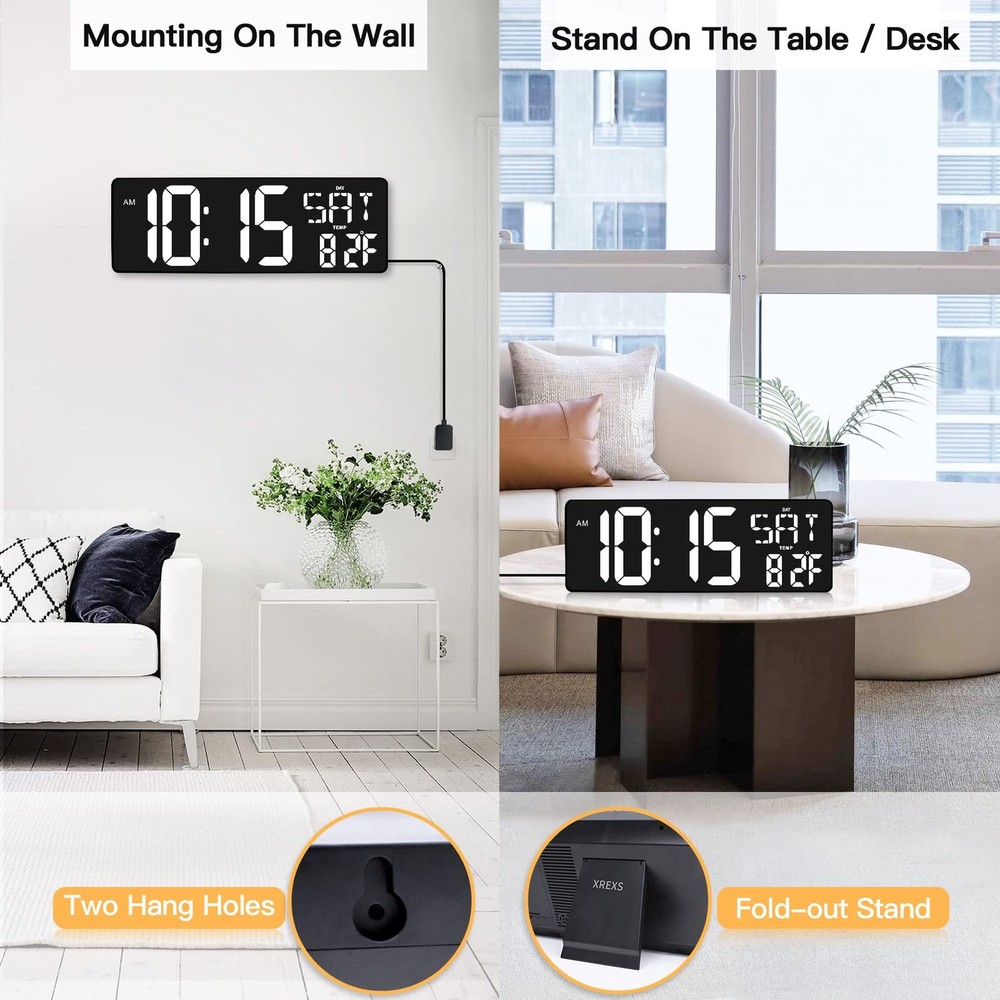 XREXS Large Digital Wall Clock with Remote Control, 17.2 Inch Large, White