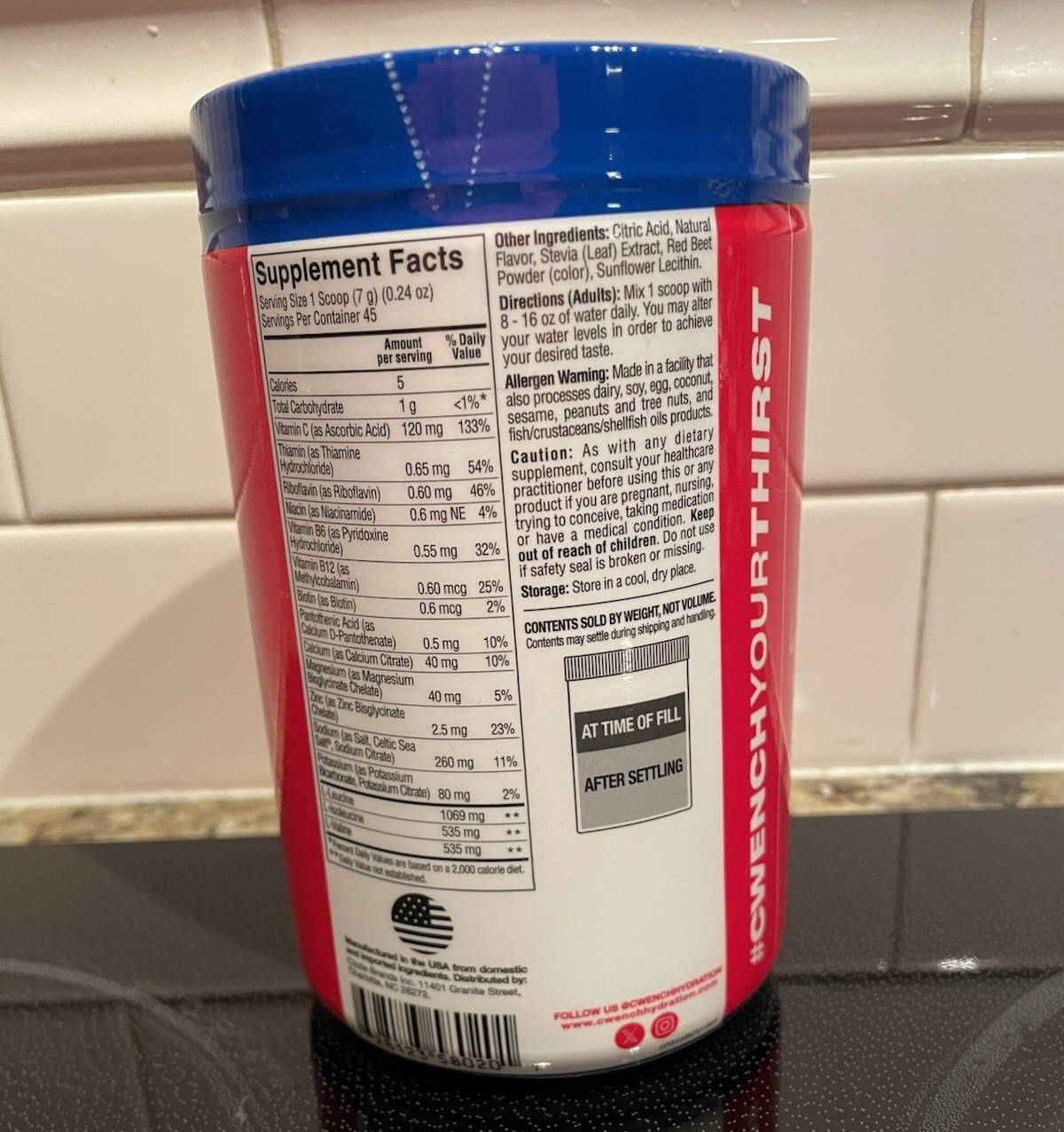 Cwench Hydration Electrolyte Drink Mix Berry Crush 11oz Zero Sugar 45 Servings