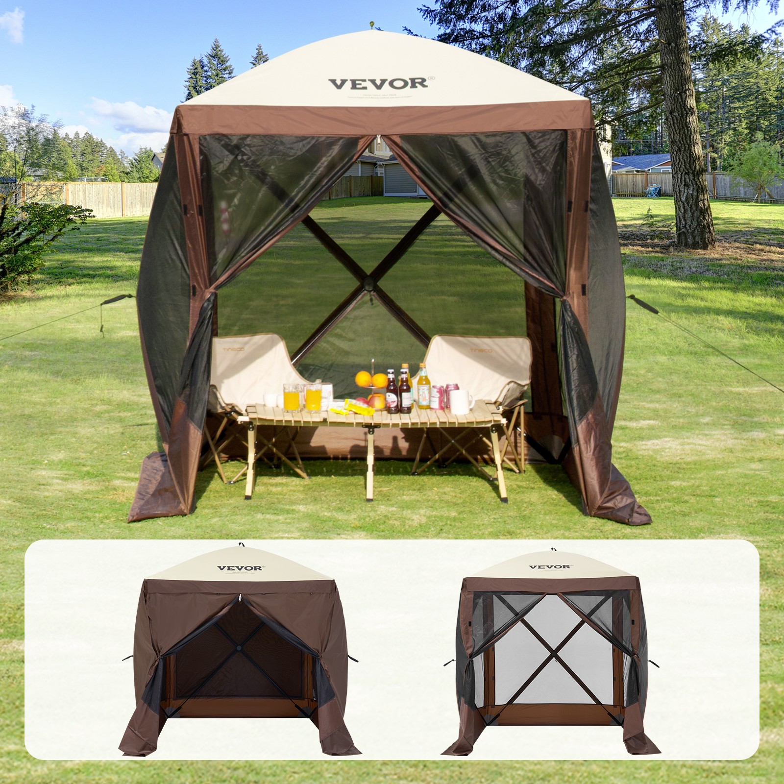 VEVOR Pop Up Gazebo Tent Pop-Up Screen Tent 4 Sided Canopy Sun Shelter Brown