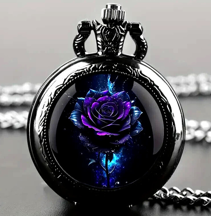 NEW Purple Rose Vintage Like, Quartz Pocket Watch, Black Necklace Chain 1.4wx.6d