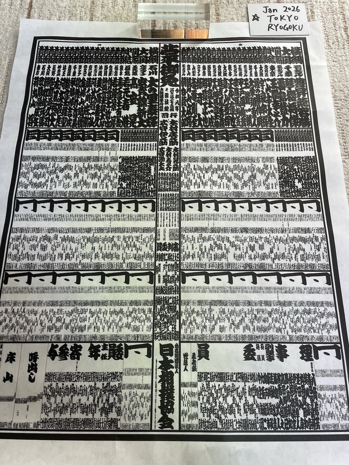 Sumo Banzuke-hyo ranking table Tokyo Ryogoku place January 2026 From Japan !