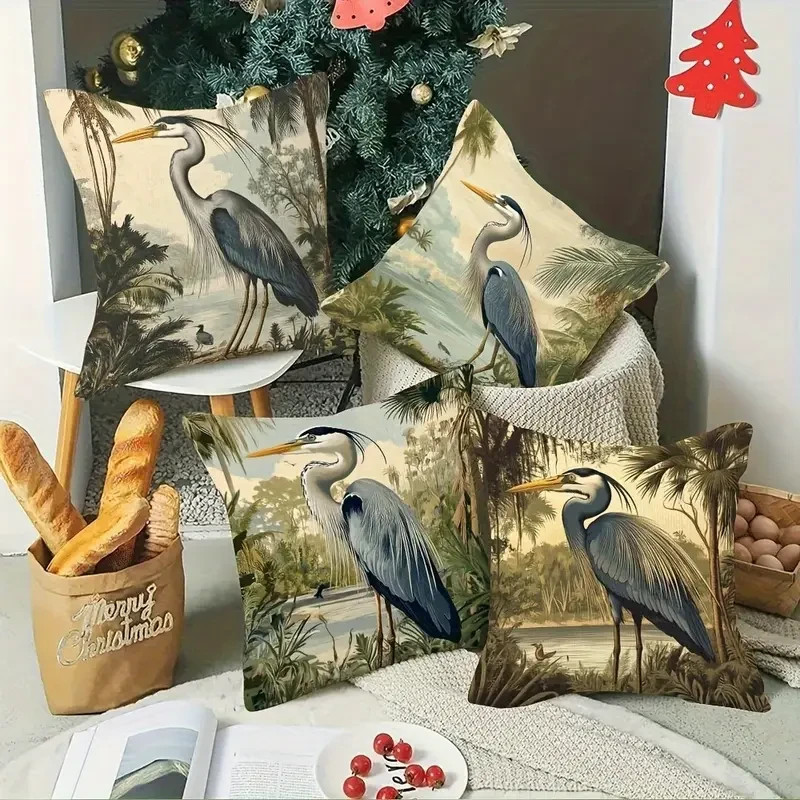 Stunning 4 PC Set Great Blue HERON Pillow Covers 18"x18" Luxury Home Decor