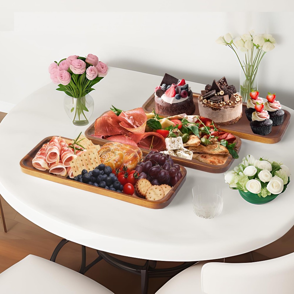 Solid Acacia Wood Serving Tray - 3 Pack, 14 x 5.5 Rectangular Wooden Serving Pla