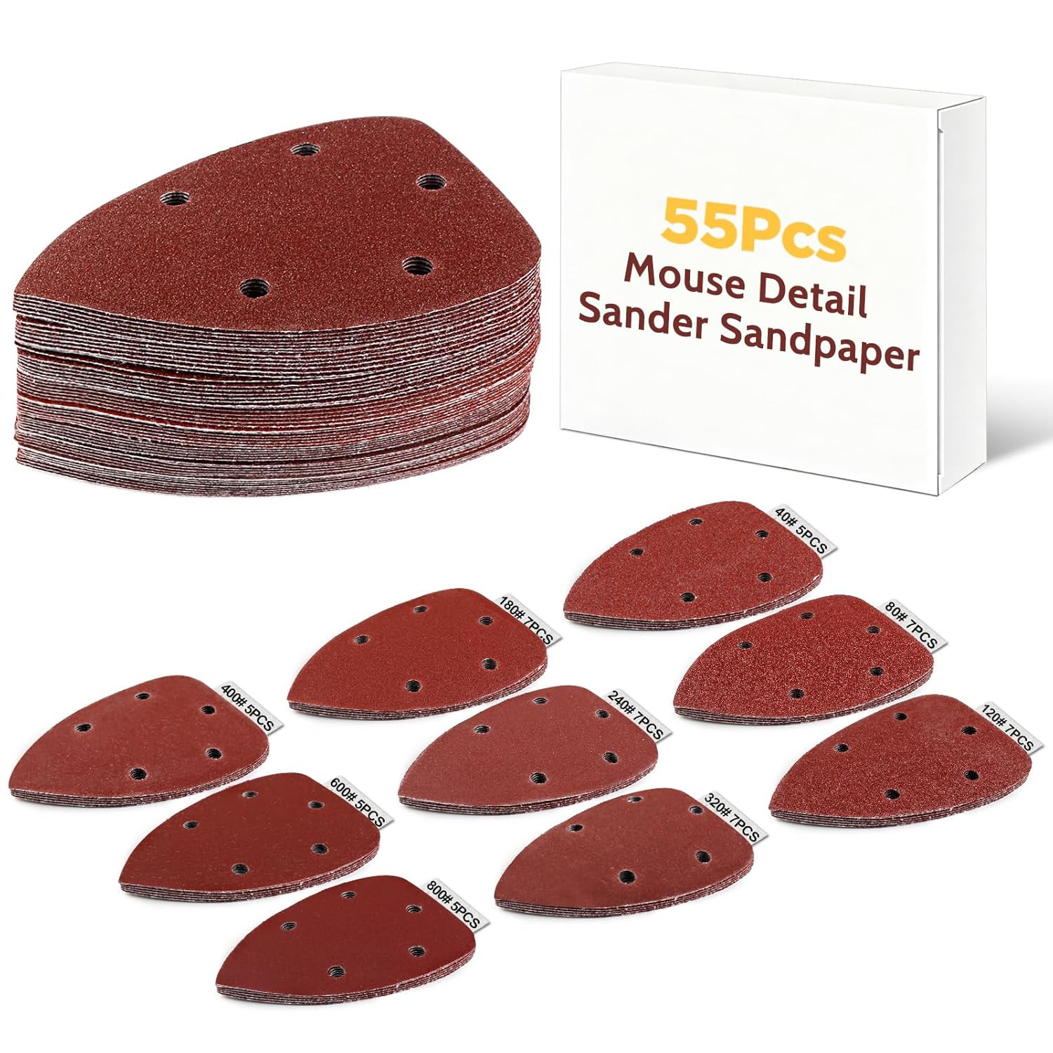 55Pcs Mouse Detail Sander Sandpaper Premium Triangle Sanding Pads 9 Grits 40-800