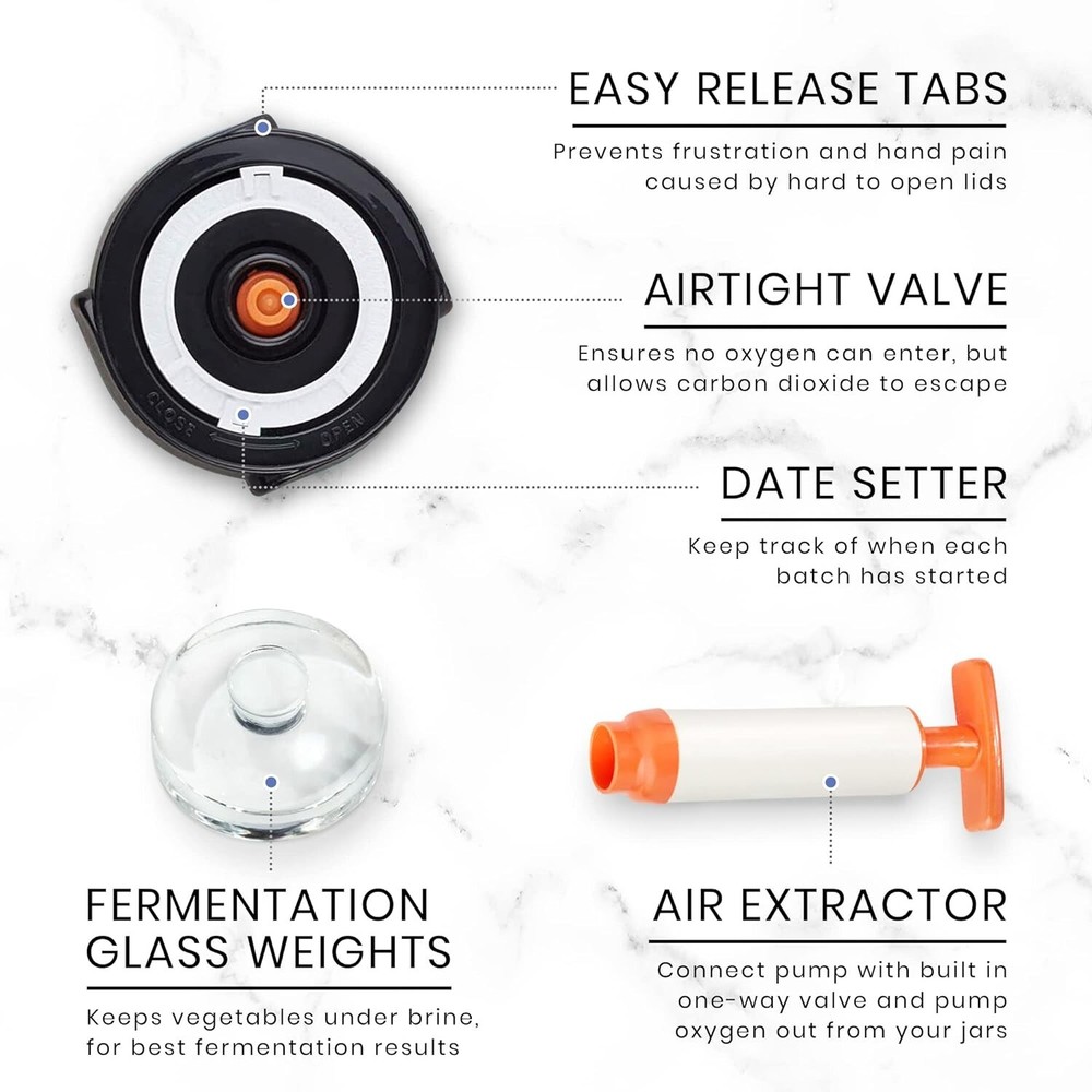 Fermentation Kit -3 durable jar lids,- 3 glass weights,-oxygen extraction pump