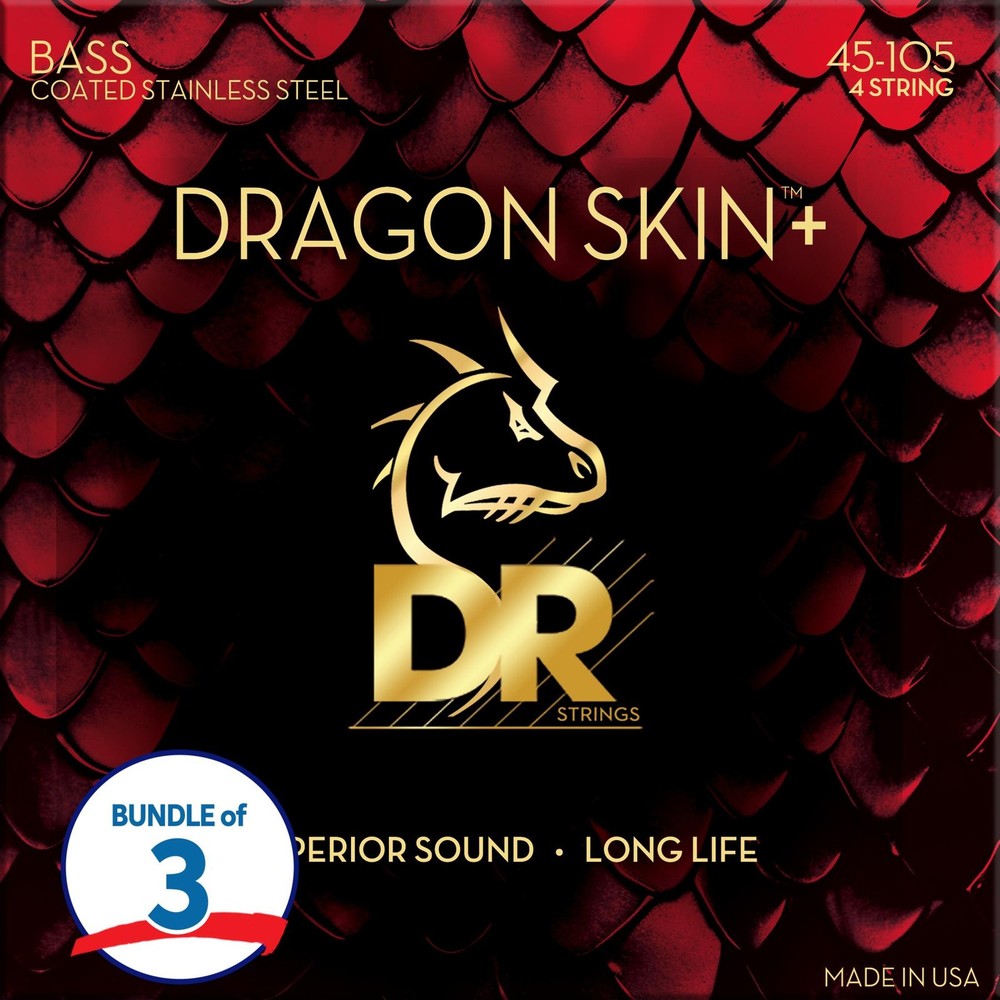 DR Strings Dragon Skin+ Coated Bass Guitar Strings (3 Pack) - .045-.105 Medium