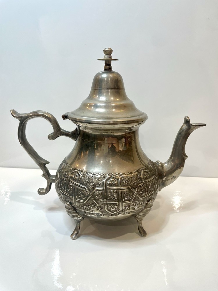 Vintage Large Moroccan Teapot Silver Plated Brass Signed Handmade In Fez 9.25”