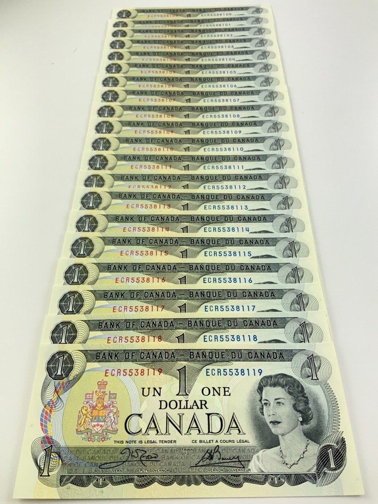 One 1973 Canada 1 Dollar Banknote Order Multiple for Consecutive II730