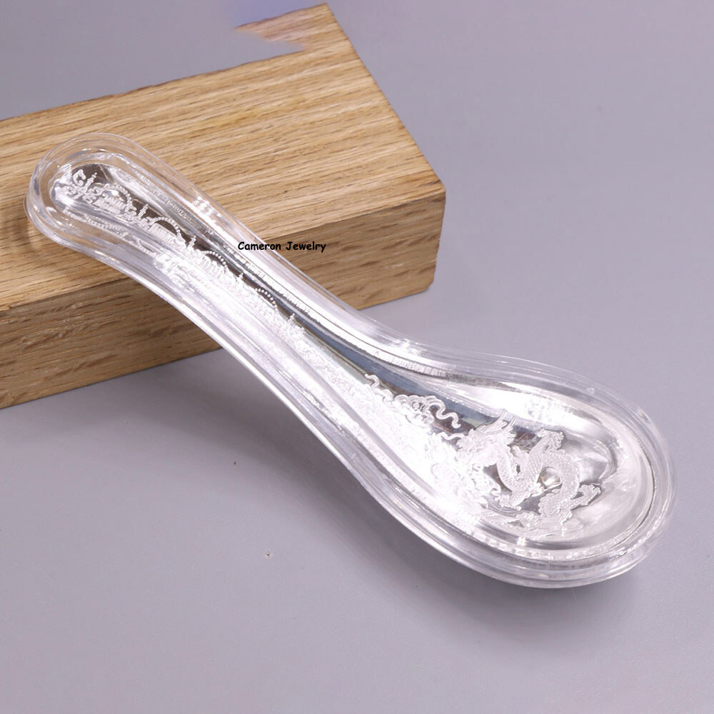Solid S999 Fine Silver Tableware Dragon Phoenix Soup Spoon 17-18g 3.9inch