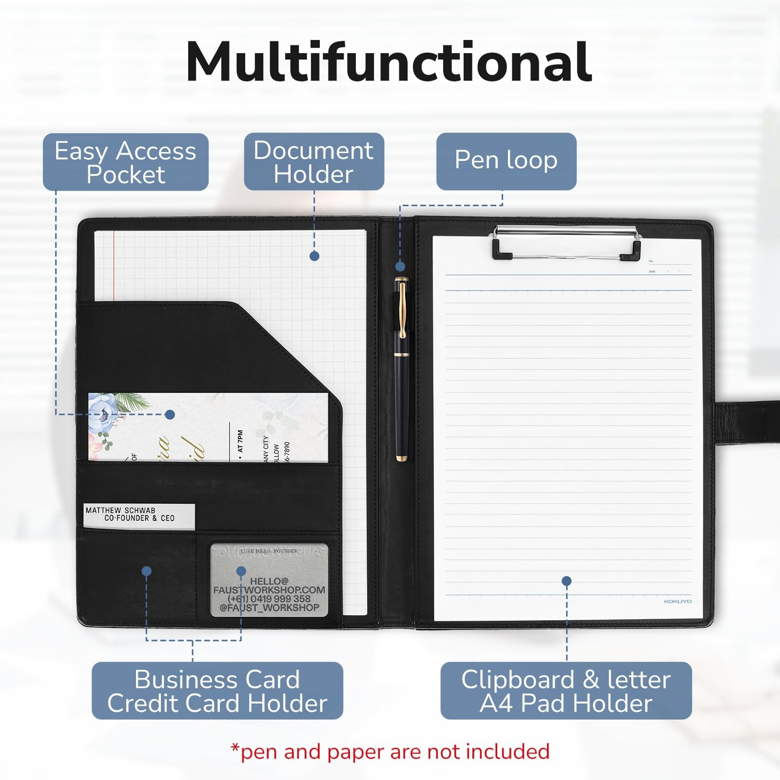 Professional Padfolio with Clipboard, Faux Leather Portfolio Folder Binder, L...