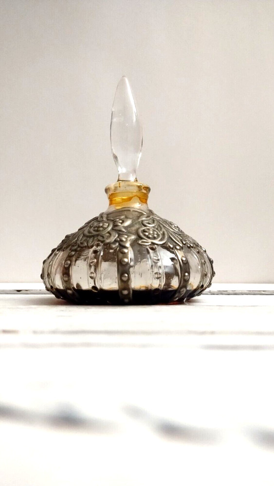Vintage Solid Overlay Flora Silver Tone Embossed Stopper Perfume Bottle Glass
